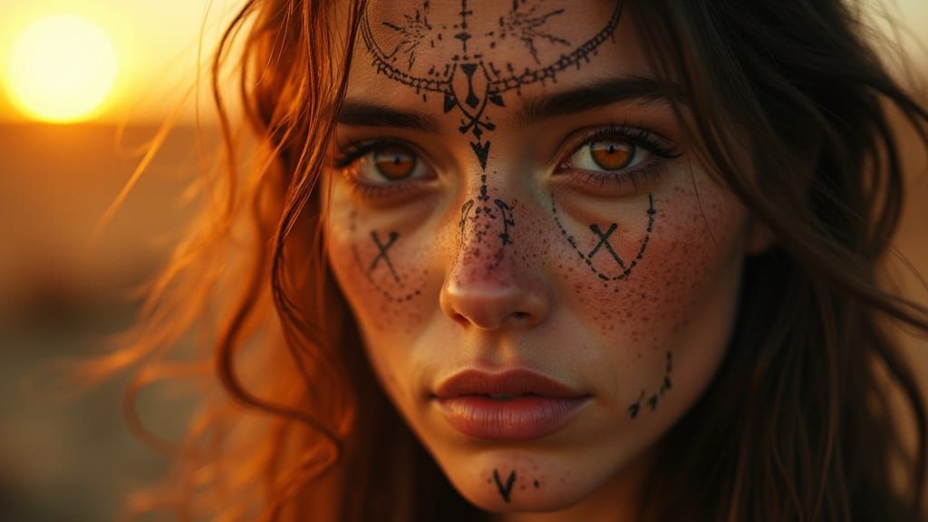 Mystical Woman with Tribal Tattoos and Piercing Orange-Gold ...