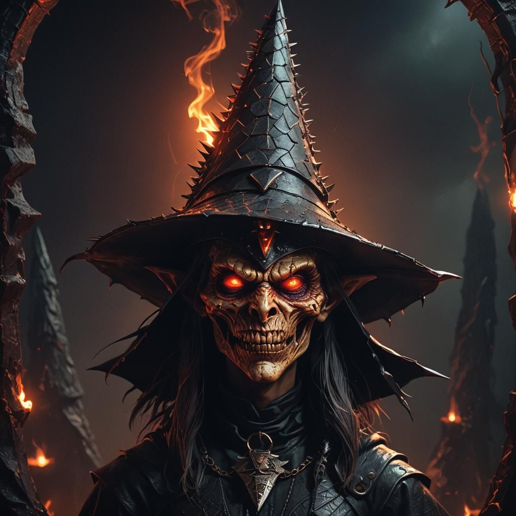 Eerie Witch with Demonic Hat in Dark Fantasy Style