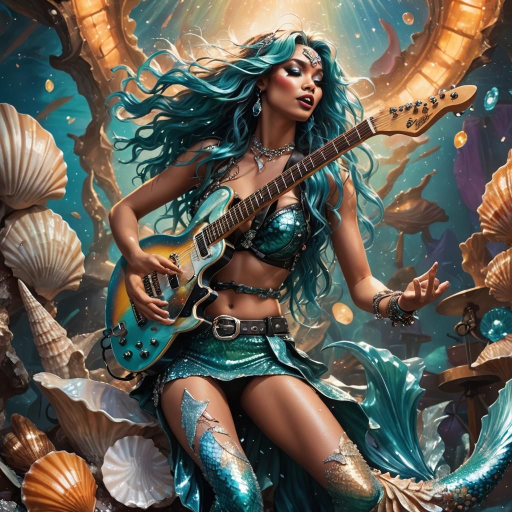 Rock and Roll Mermaid Plays Guitar on Stage