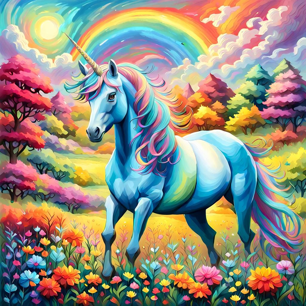Rainbow Unicorn in Pastel Glade: Gouache Style Painting