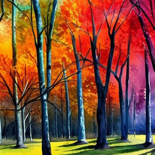 Impressionist Fall Trees in Gouache and Watercolor