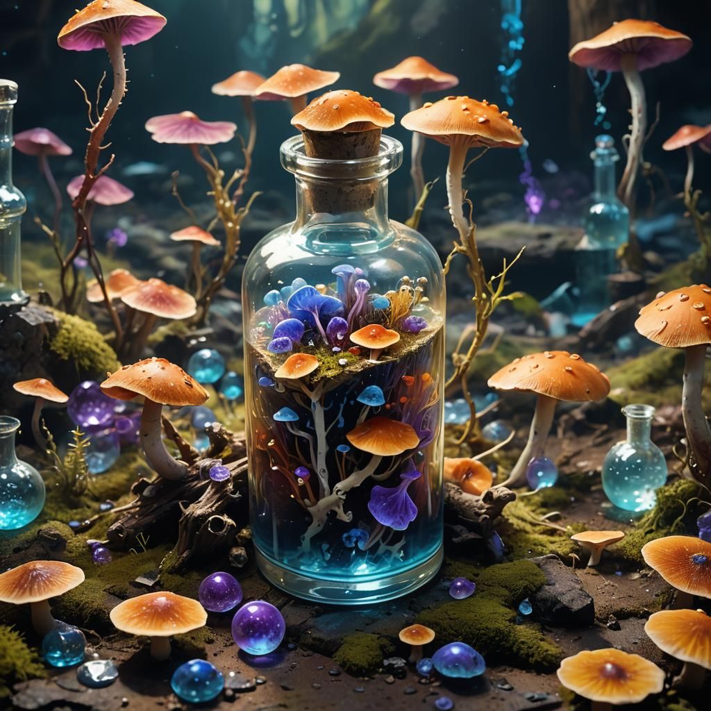 Alchemist's Vial with Vibrant Fungi: Concept Art
