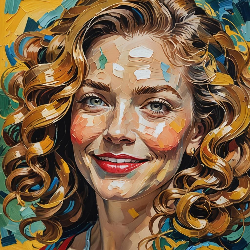 Impressionist Portrait of Smiling Woman with Curls