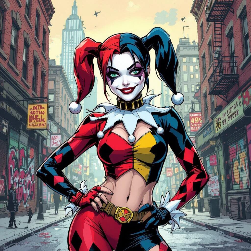 Harley Quinn Jester in Gotham, Comic Book Style