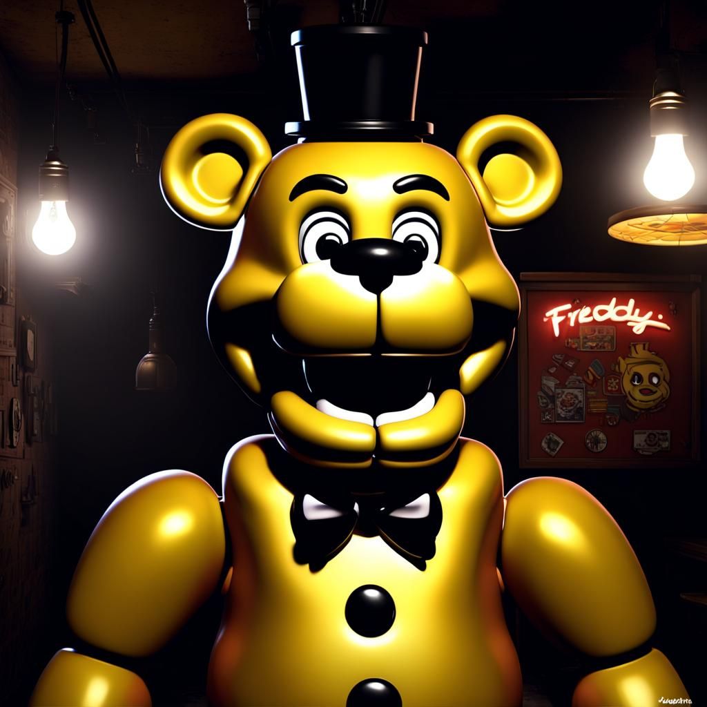 Hyperrealistic Golden Freddy Animatronic in Dark Pizzeria