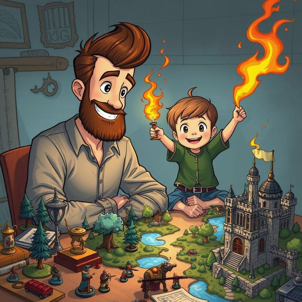 Father and Son Engage in Fantasy Miniature Battle Games