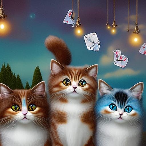 Cats Playing Cards on Roof, Surreal Illustration