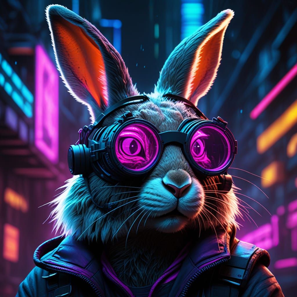 cyberpunk rabbit portrait, goggles, blacklight
