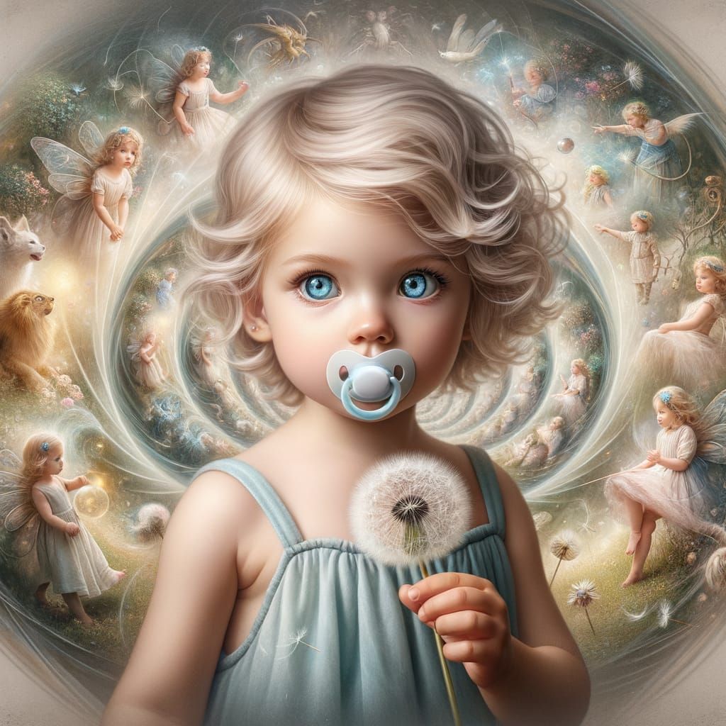 Whimsical Toddler Girl with Dandelion in Vintage Photo Vorte...