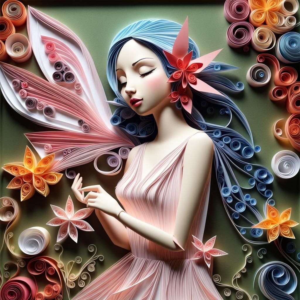 Distorted unbalanced reality, paper quilling and beautiful origami pretty fairy
