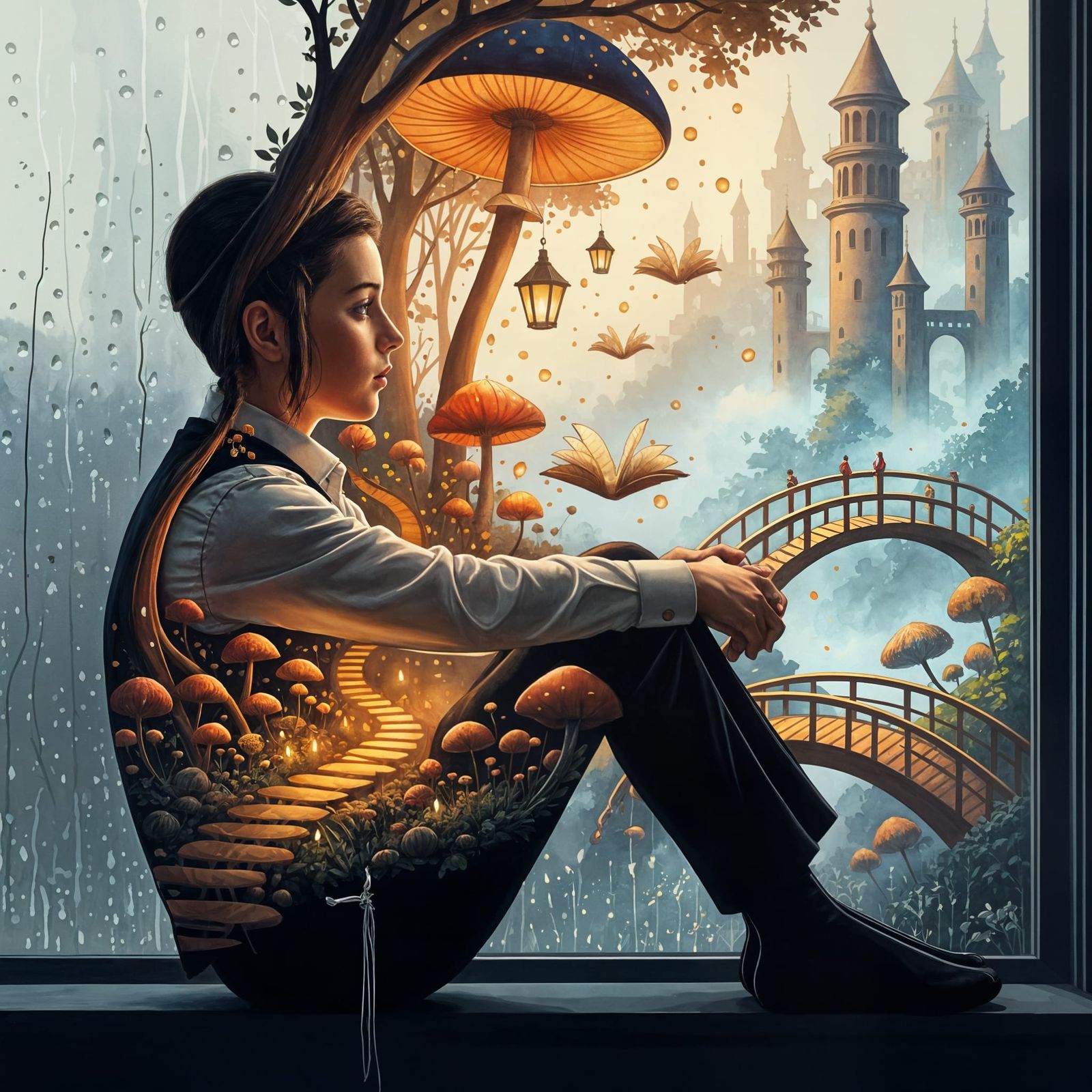 Boy's Inner World: Watercolor Dreamscape in Double Exposure