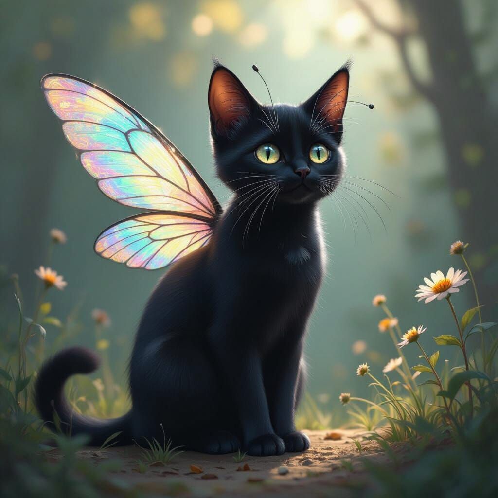 Mysterious Black Cat with Bee Wings, Whimsical Art