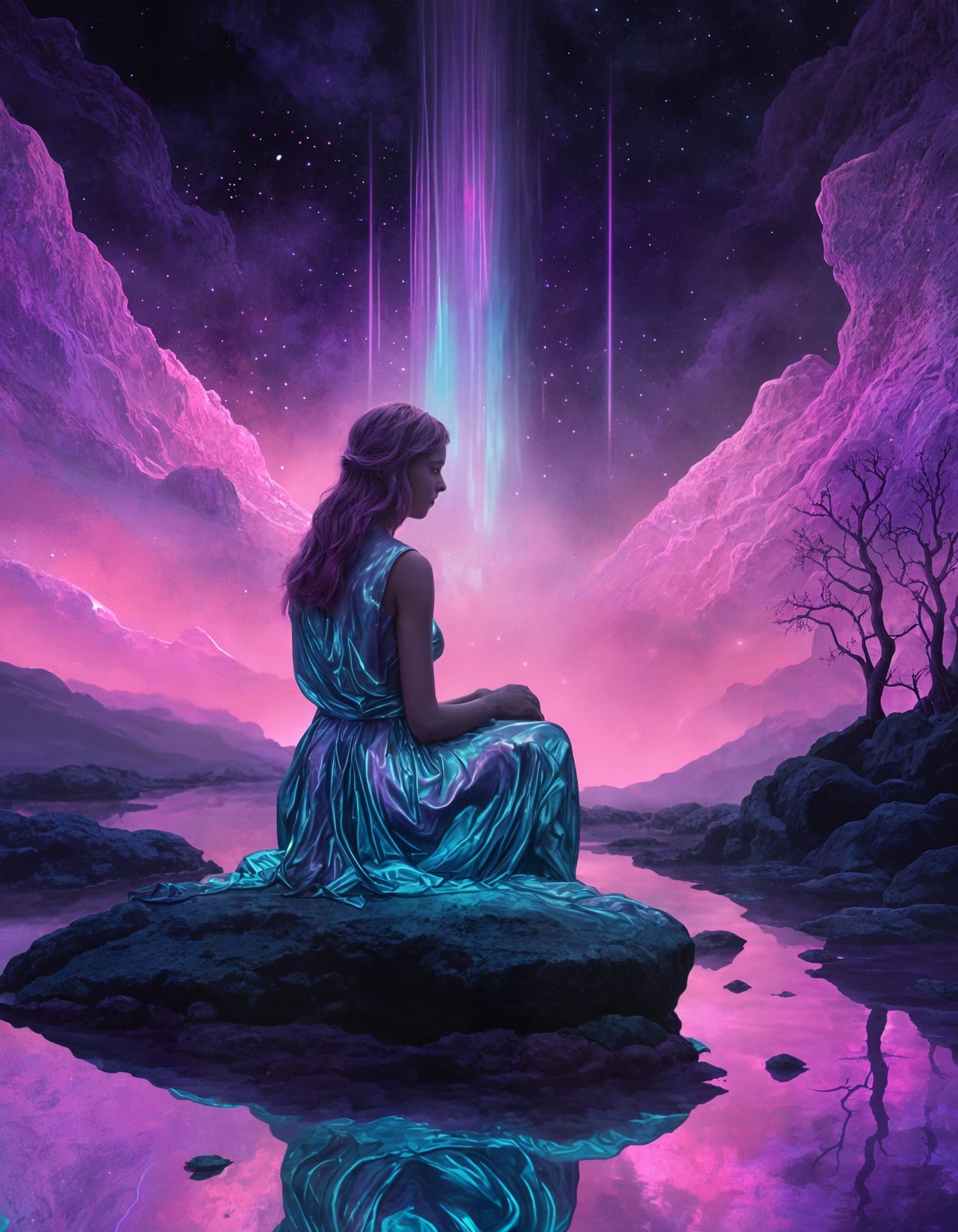 Ethereal Nightscape Goddess in Metallic Reflections