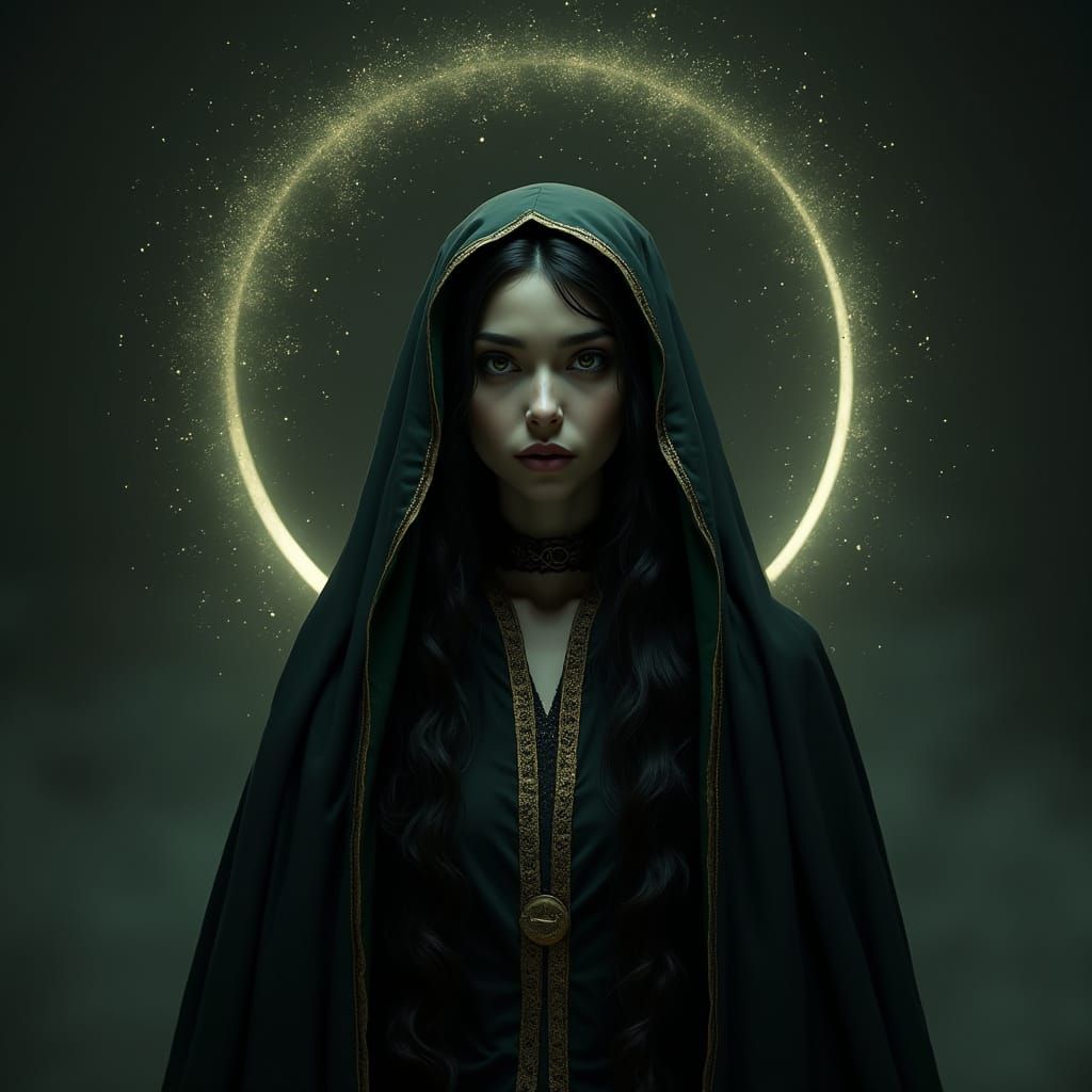 Mystical Witch Figure with Crescent Moon and Stars