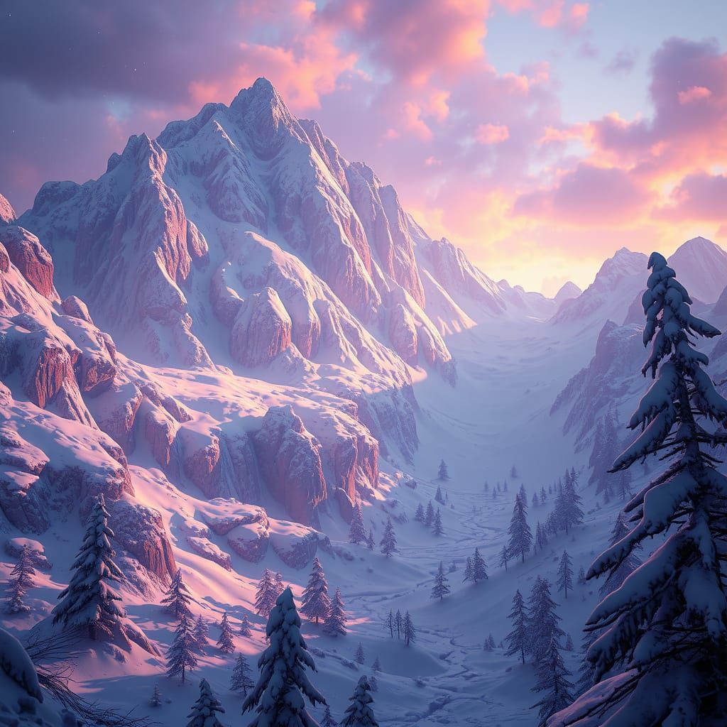 Ethereal Snow Mountain in Vibrant Dark Fantasy
