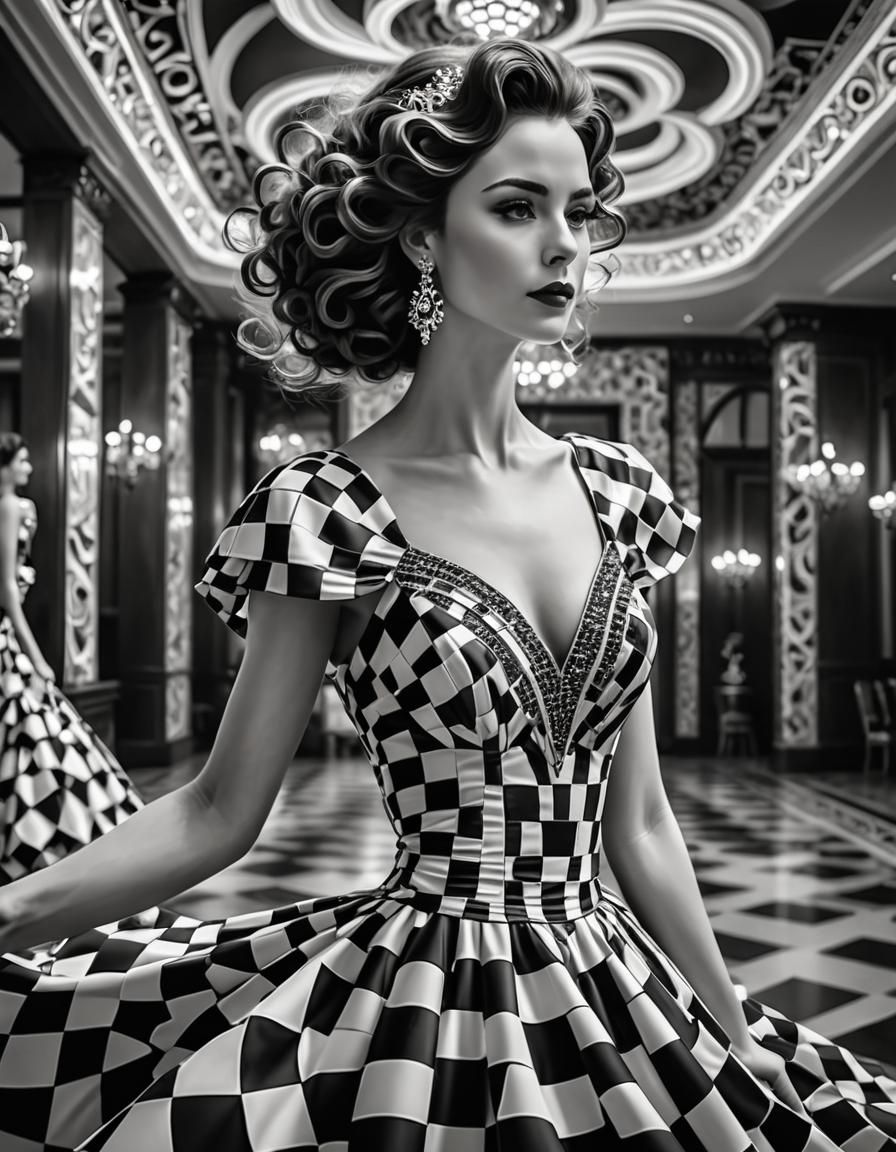 Woman in Checkered Gown: Art Deco Portrait