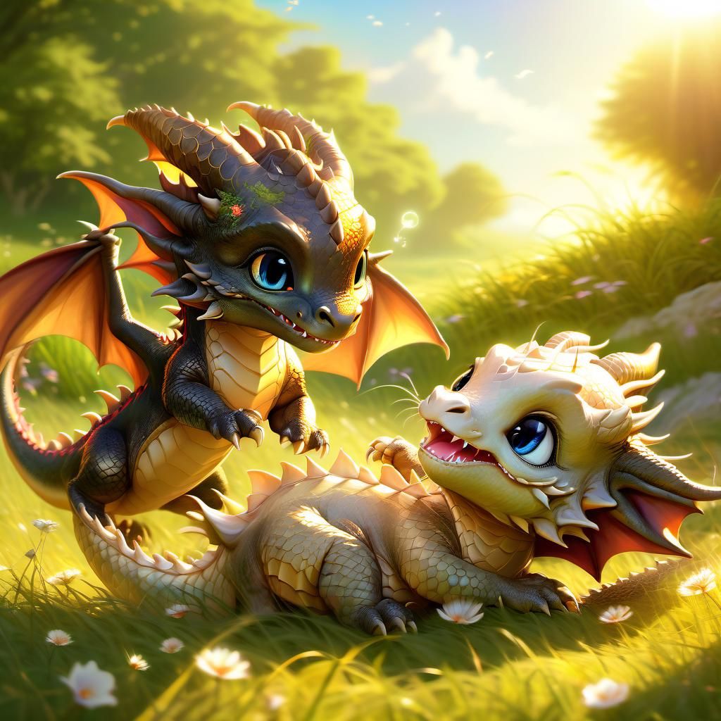 Two Adorable Dragons Playing in Sunny Field