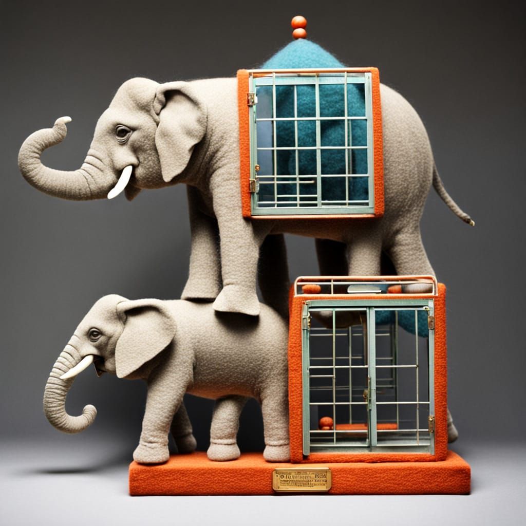 Felted Elephant Ascends in Whimsical Elevator