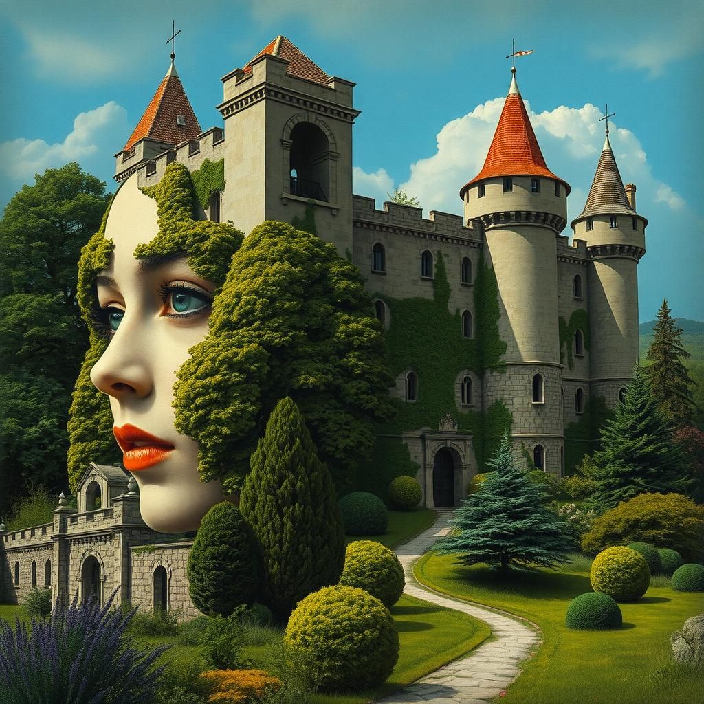 Surreal Woman Merged with Ancient Castle, Charcoal Textures