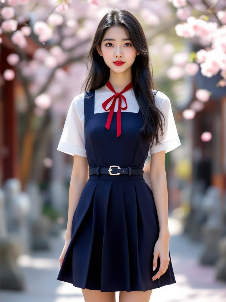 Schoolgirl in Shrine Courtyard with Falling Cherry Blossoms