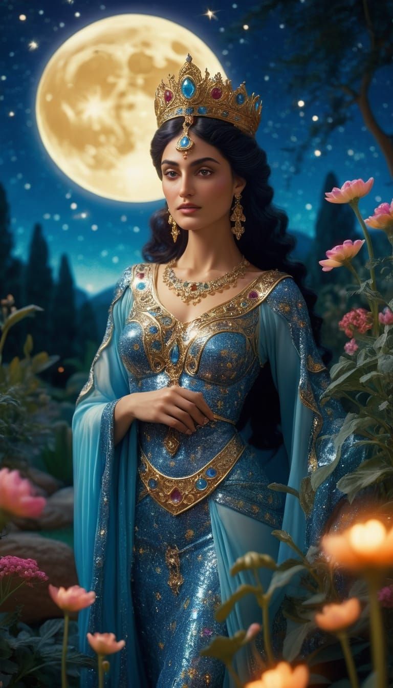 Achaemenid Queen in Moonlit Garden, Fantasy Art