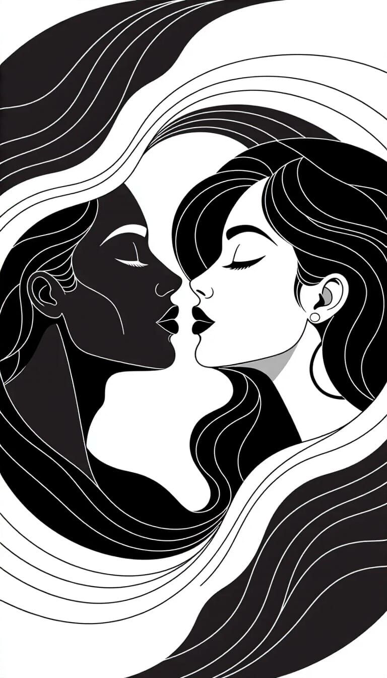 Stylized Faces Kissing in Black and White Line Art