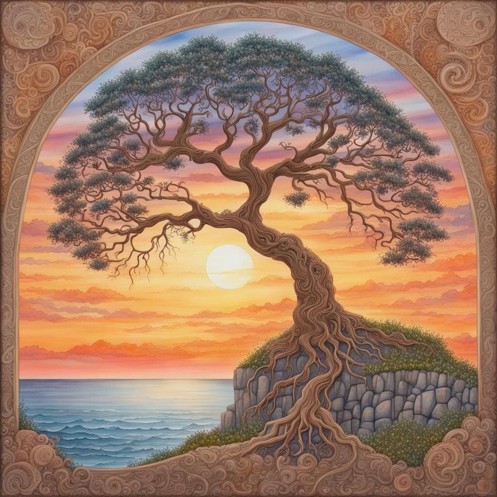 Tree of Life Watercolor Painting at Sunset