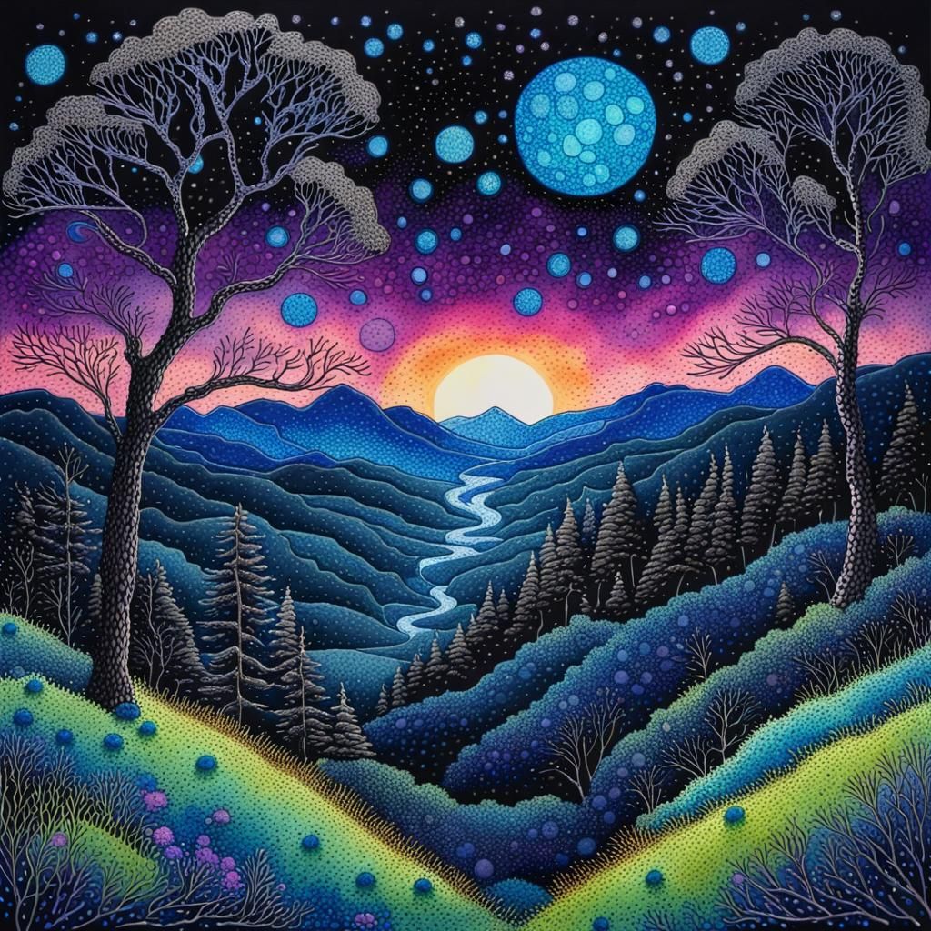 Bioluminescent Mountains in Pointillist Fantasy Style