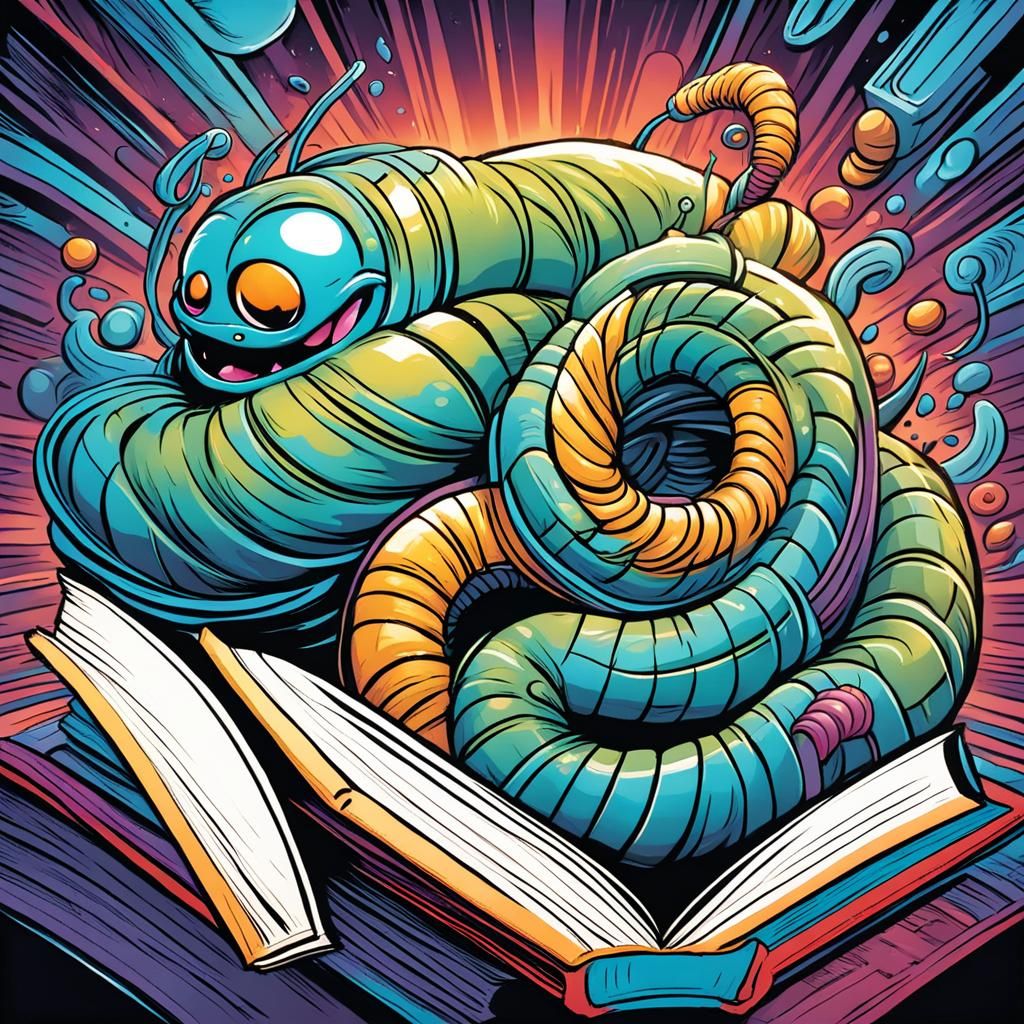 Cartoon Worm Hugging Book in Comic Book Art Style