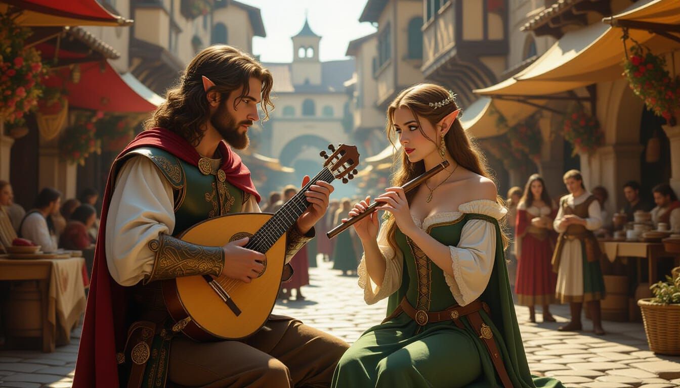Renaissance Masterpiece: Bard and Elf Musician in Market