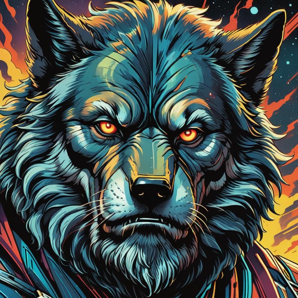 Wise Old Wolf Portrait in Retro Comic Style