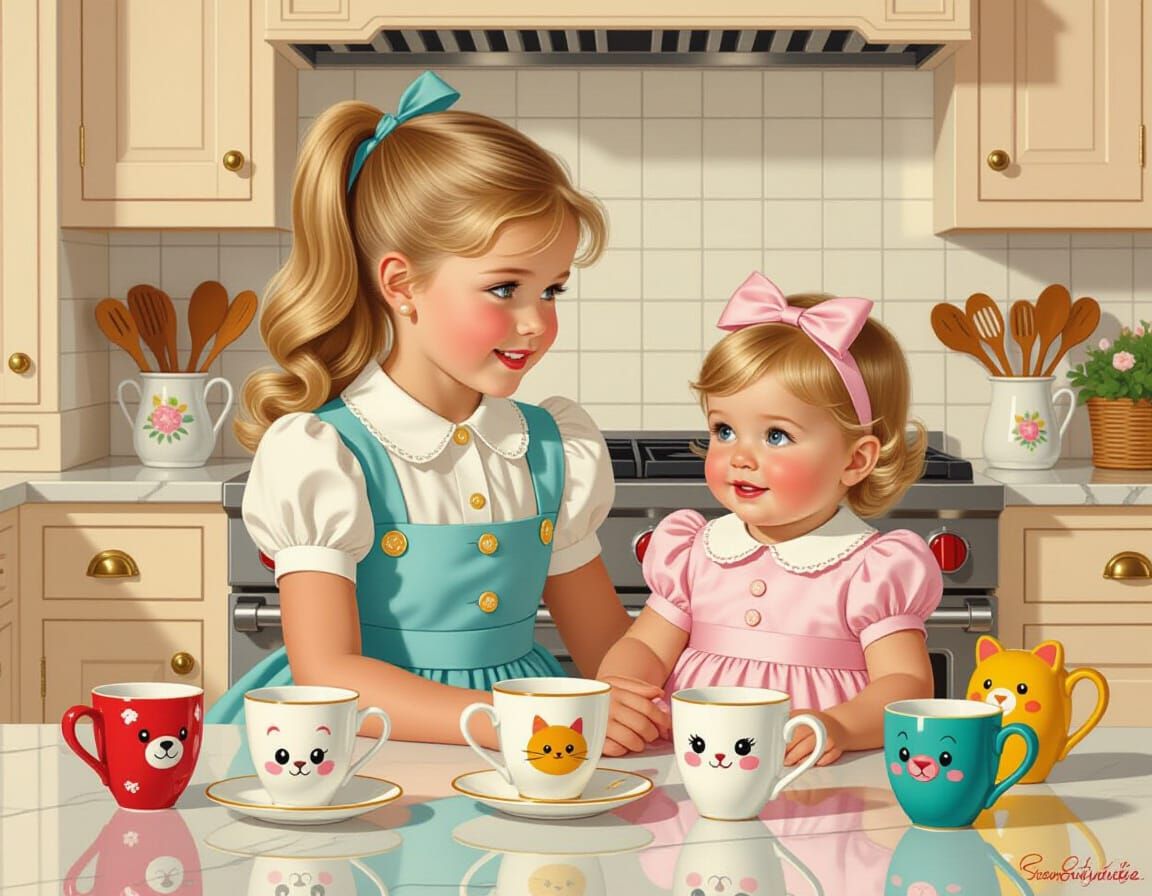 Elegant Woman and Girl with Animal Mugs in Pin-Up Style