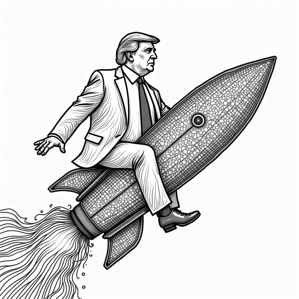 Donald Trump on Rocket: Coloring Book Page