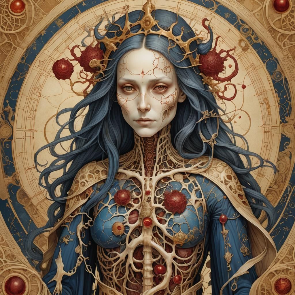 Anatomical Witch in Da Vinci Style with Mystical Symbols