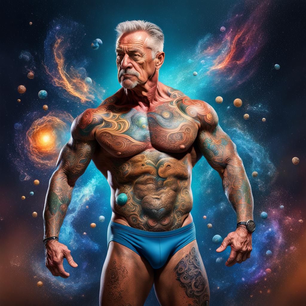 Hyperrealistic Bodybuilder with Universe Tattoos