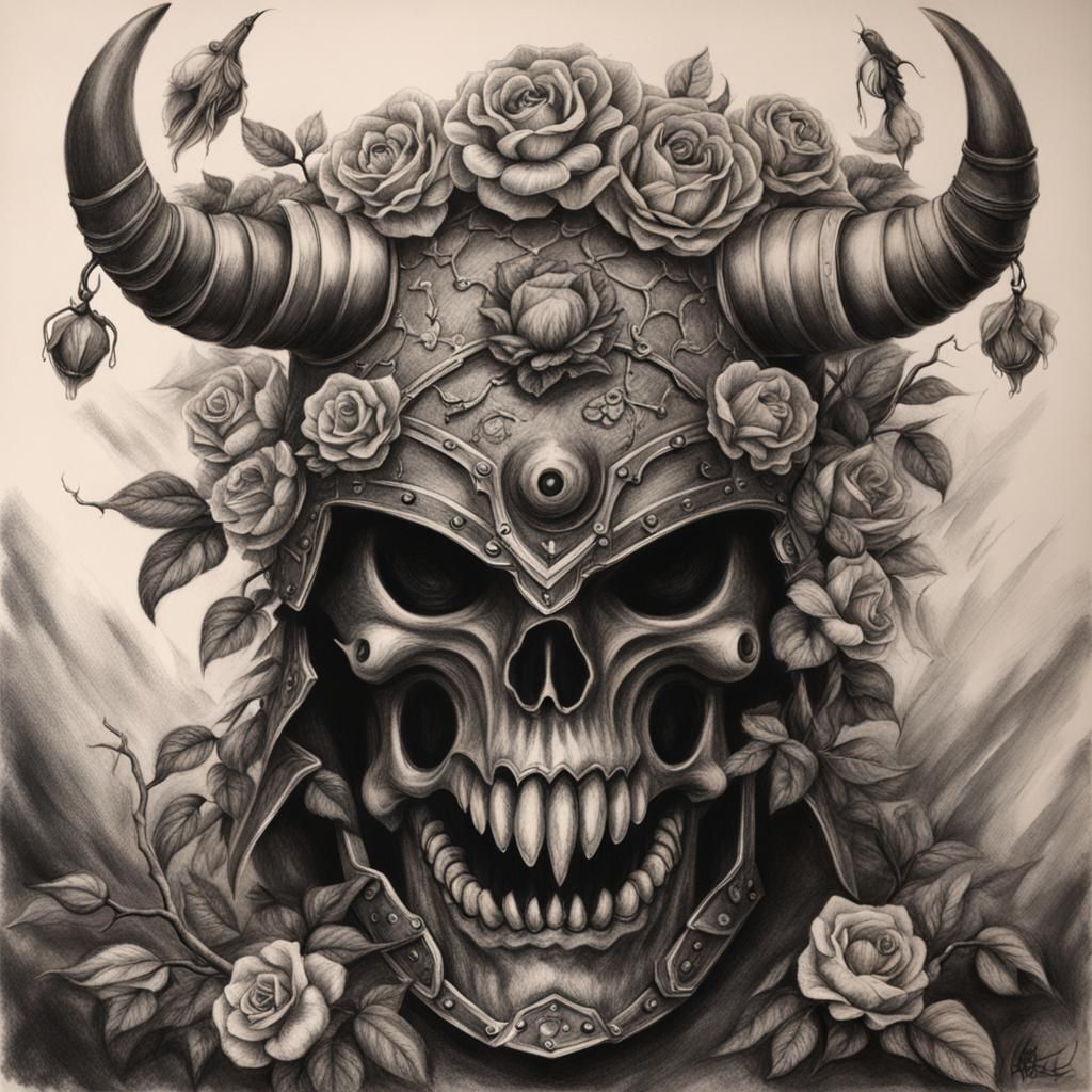 Demonic Helmet with Flower Crown Charcoal Drawing