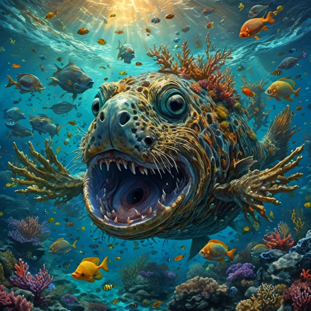 Joyful Seal Musician Undersea in Airbrush Art