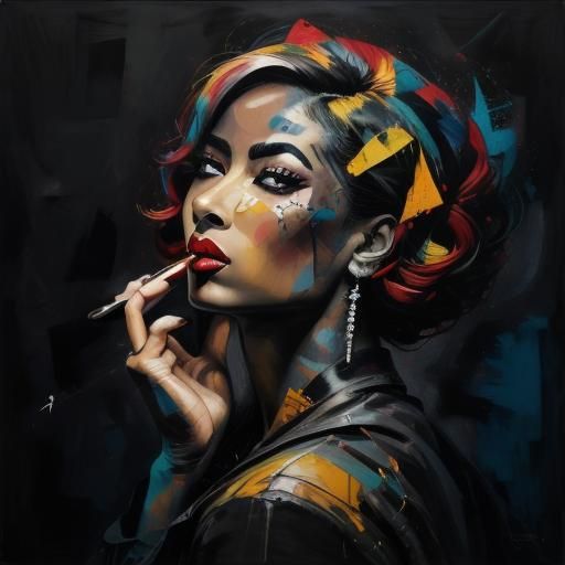 Abstract Oil Painting of Woman Smoking Cigar