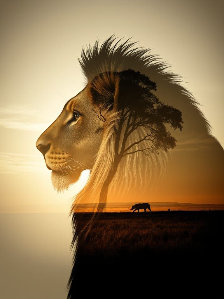 Lion Silhouette Double Exposure: African Plains