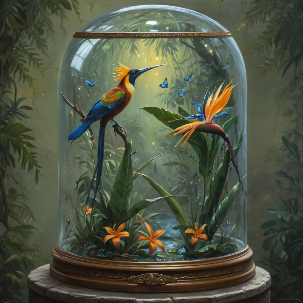 Bird of Paradise in Glass Case: Oil Painting