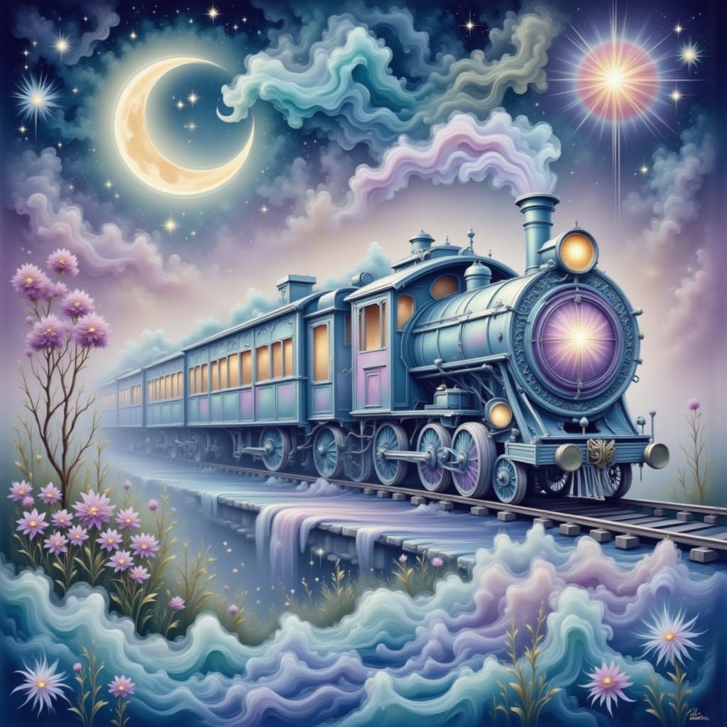 Whimsical Liquid Train on Moonlight Track