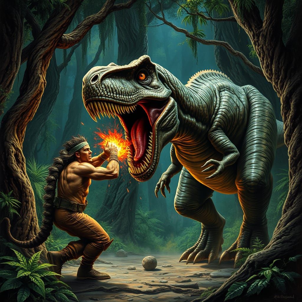 Furious Man Punches Tyrannosaurus in Primeval Forest