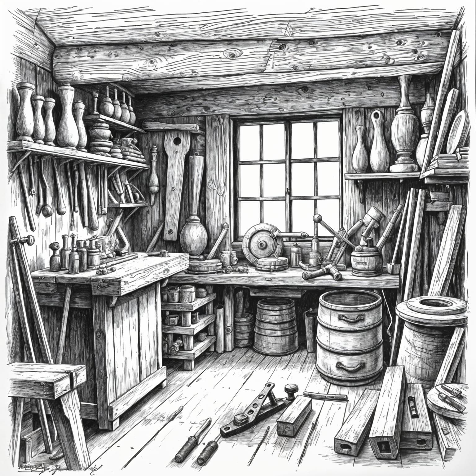 Old Wood Workshop Sketch in Black and White