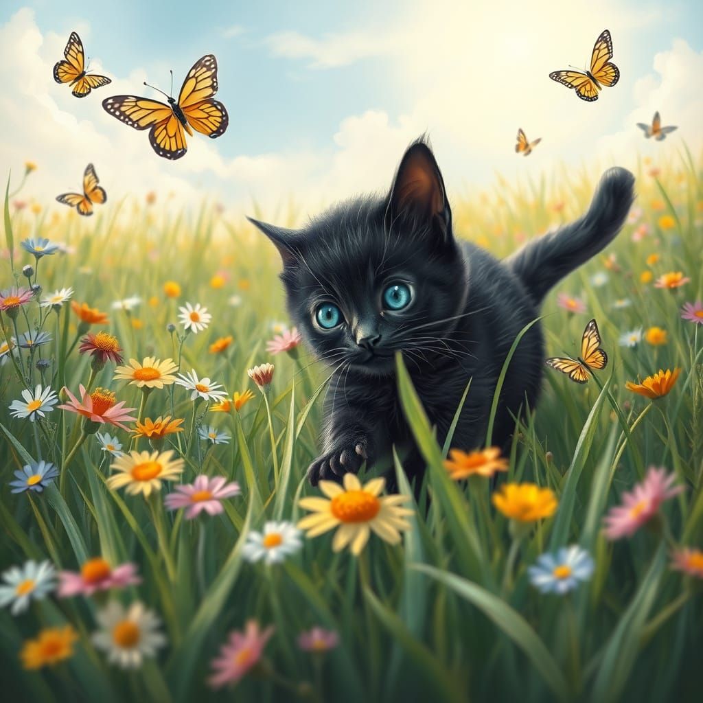 Black Kitten Frolics in Sunny Flower Field