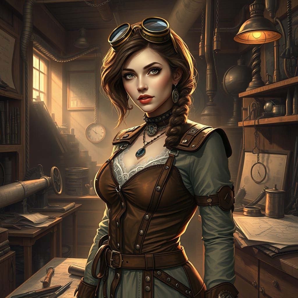Steampunk Woman in Victorian Workshop Digital Art