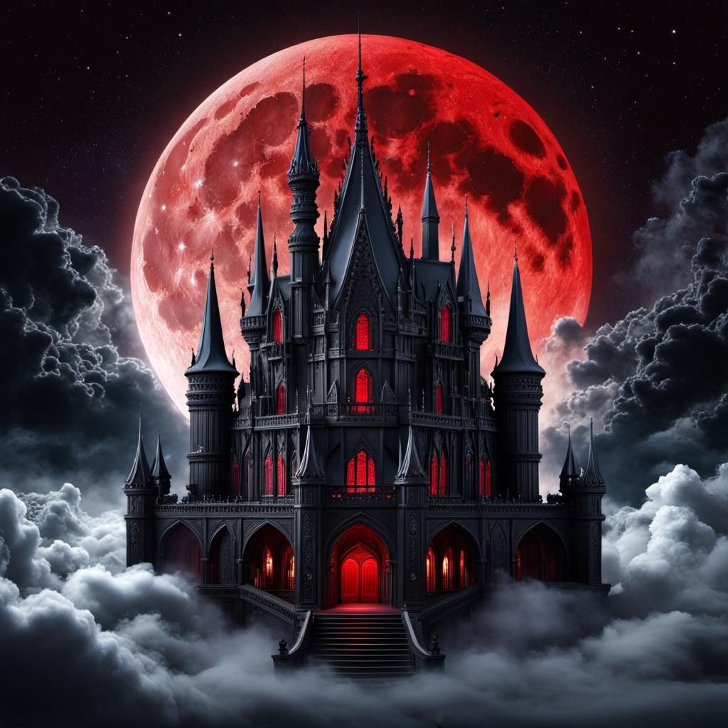 Dark gothic fantasy palace in the clouds.