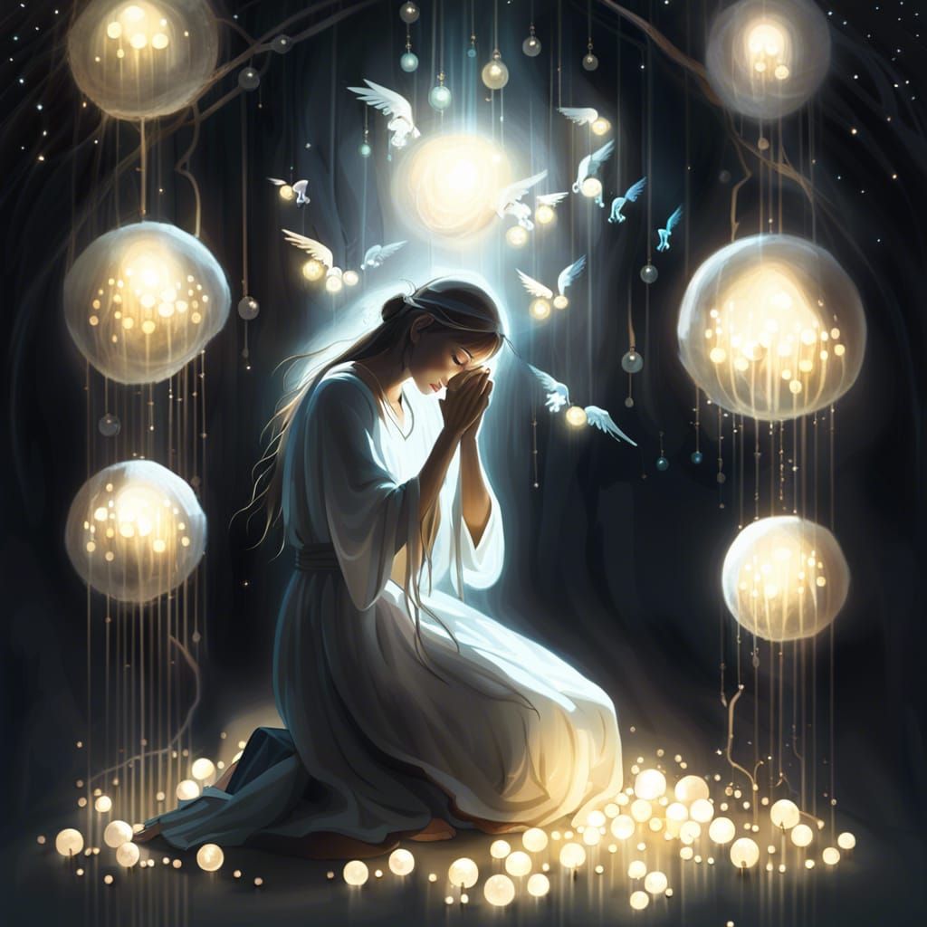 Angels Comfort Grieving Woman in Ethereal Scene