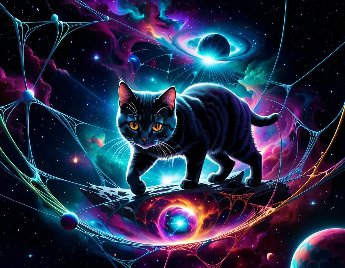 Cat Plays with Cosmic Web in Psychedelic Horror Style