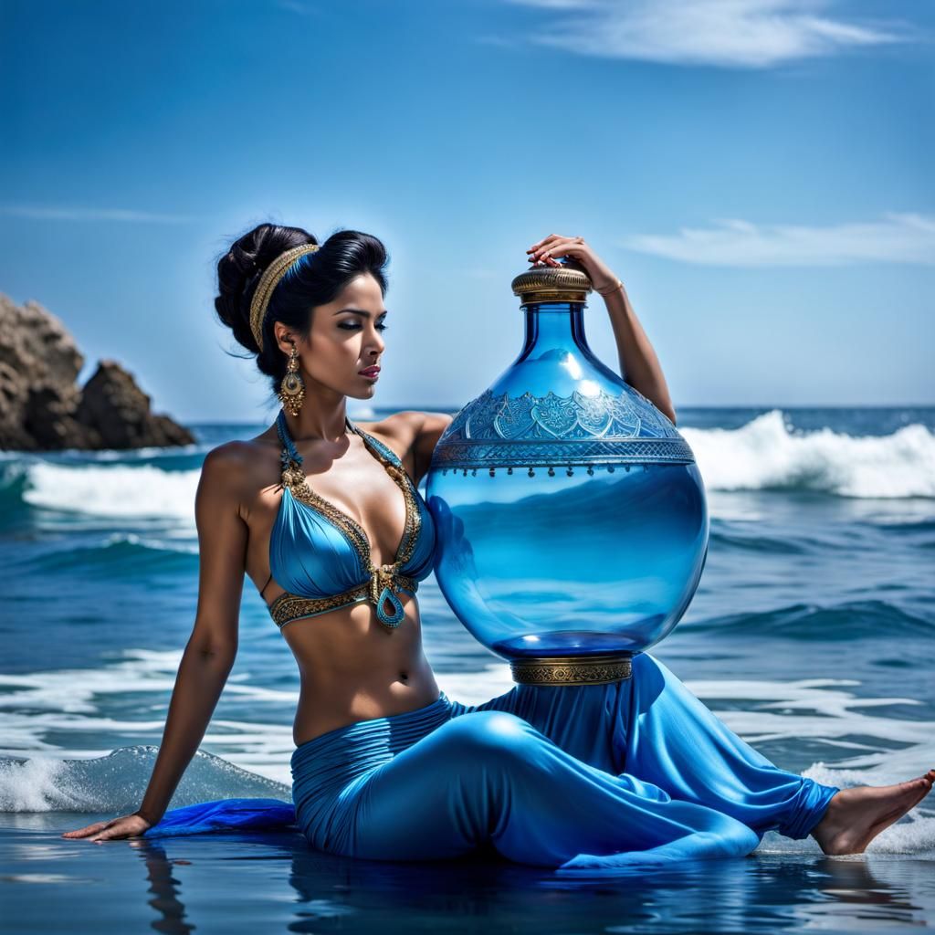 Female Genie in a Bottle on the Ocean