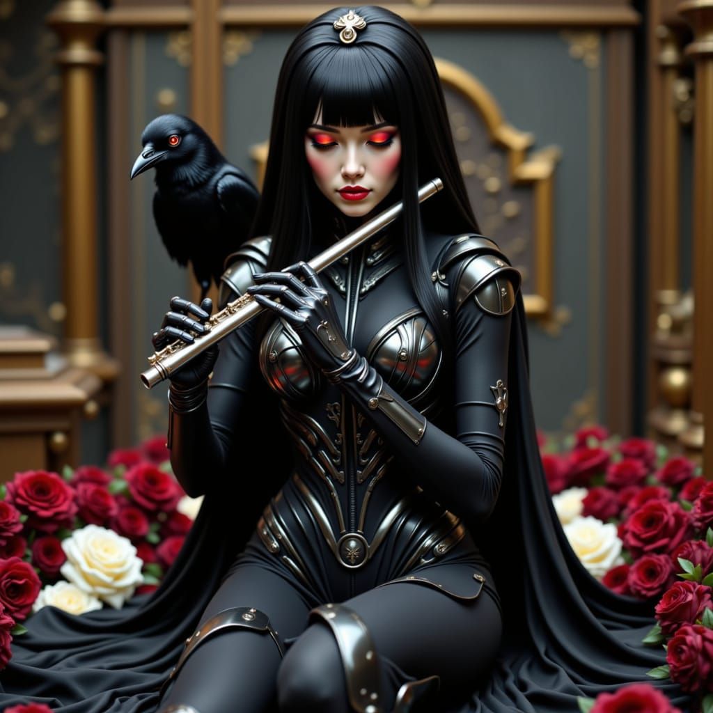 Cyborg Woman with Raven and Flute